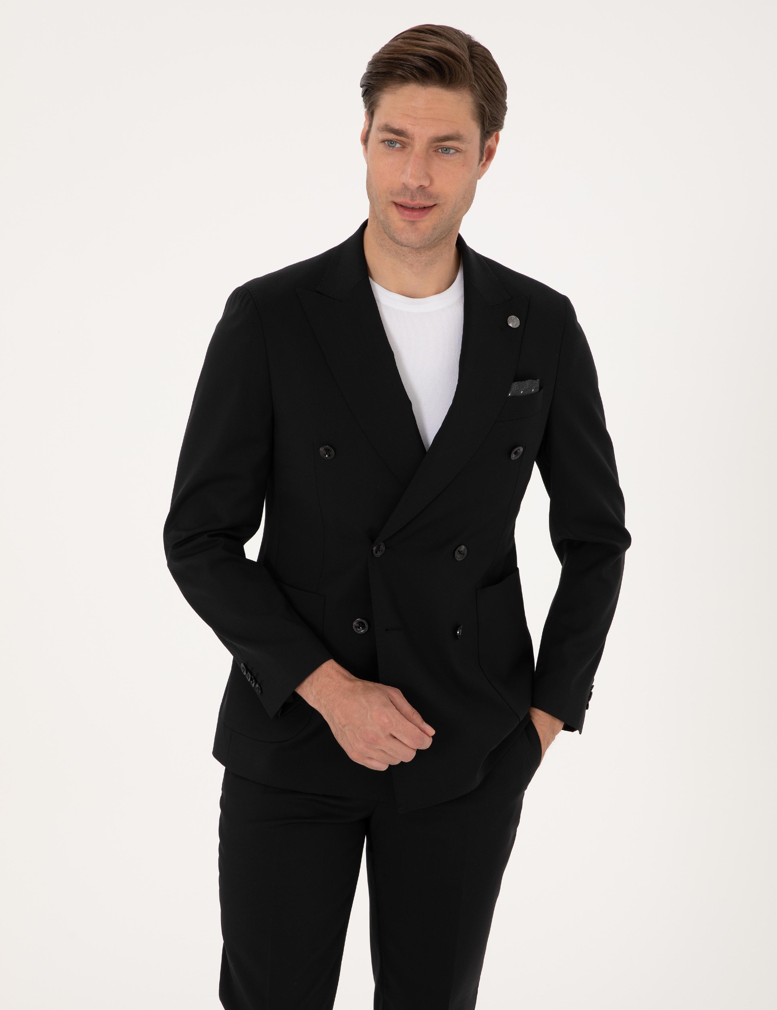Siyah Ex. Slim Fit %100 Yün Kruvaze Takım Elbise