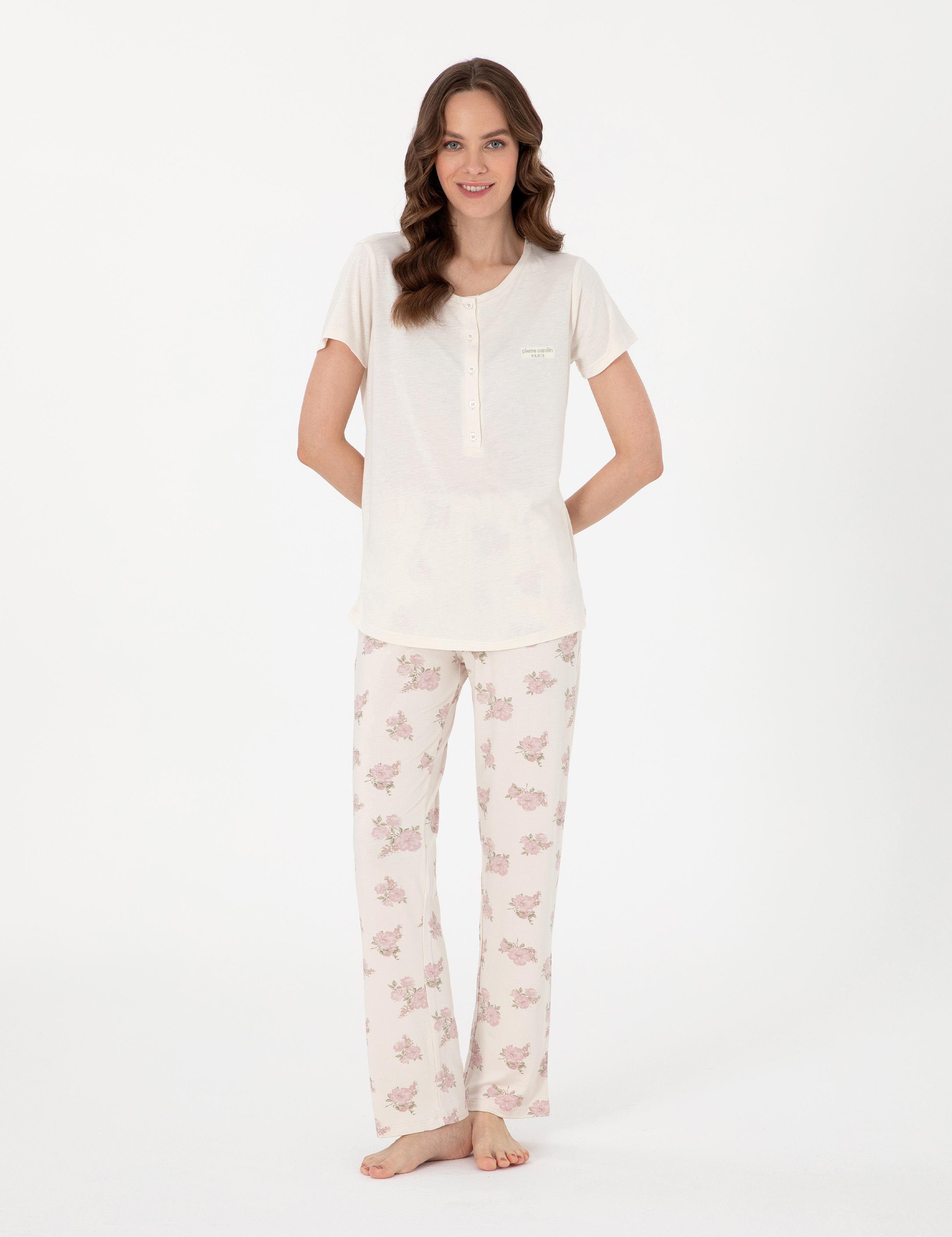 Krem Kısakollu Lohusa Pijama Takımı