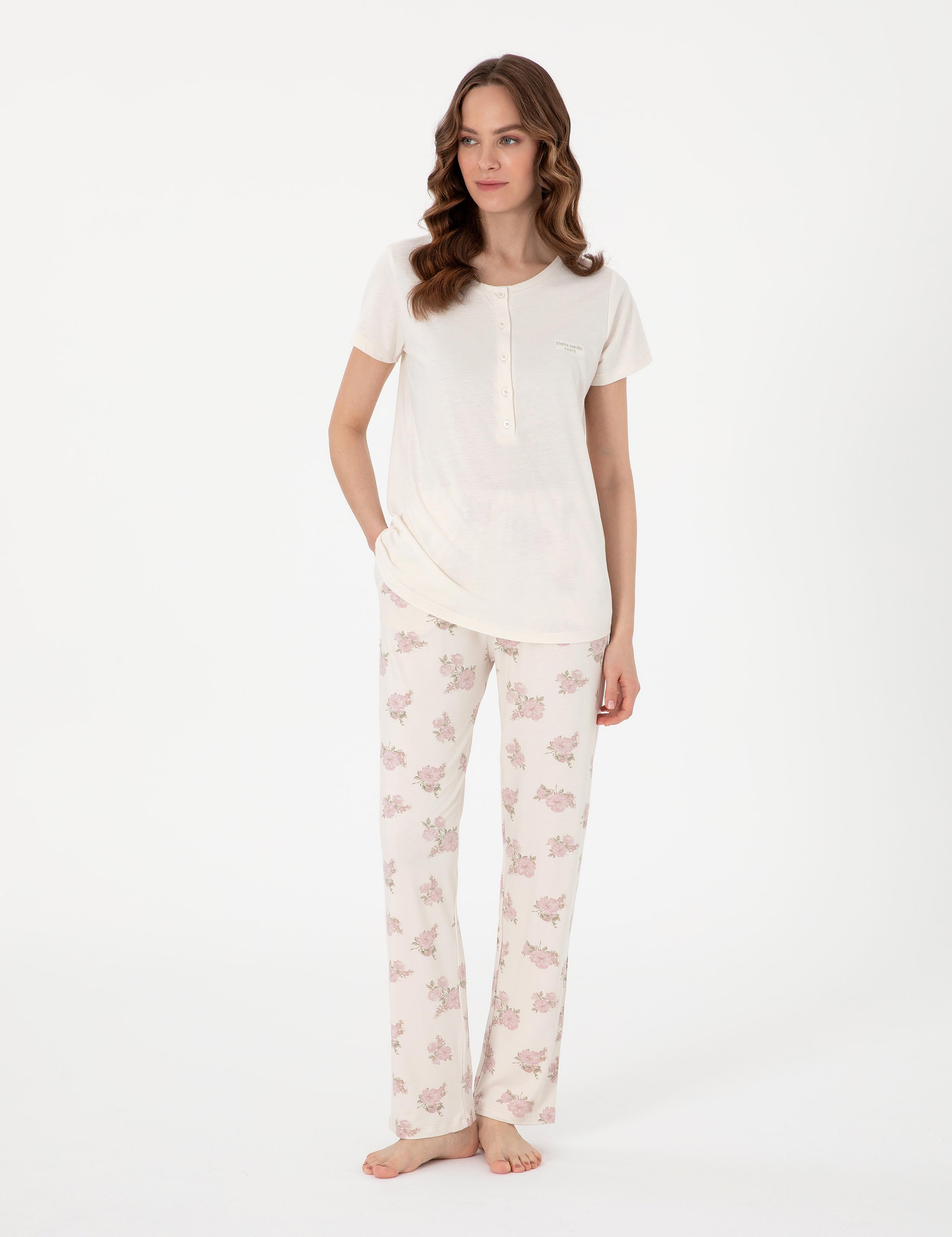 Krem Kısakollu Lohusa Pijama Takımı