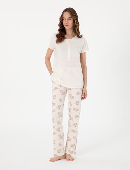 Krem Kısakollu Lohusa Pijama Takımı