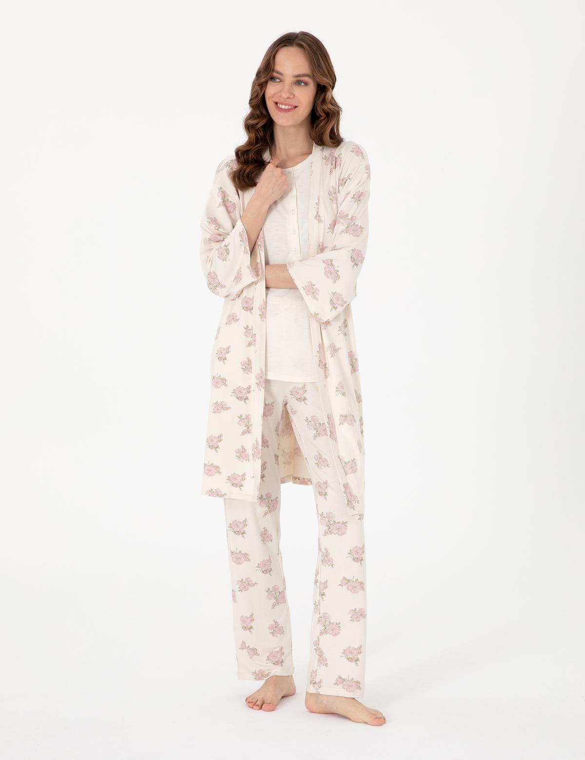 Krem 3'lü Lohusa Pijama Takımı