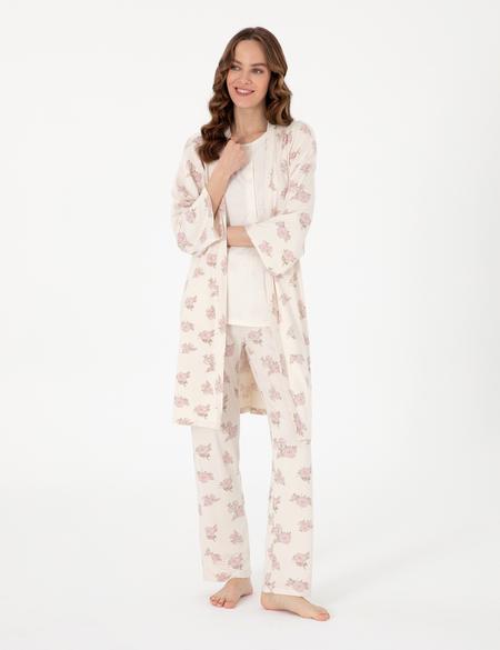 Krem 3'lü Lohusa Pijama Takımı