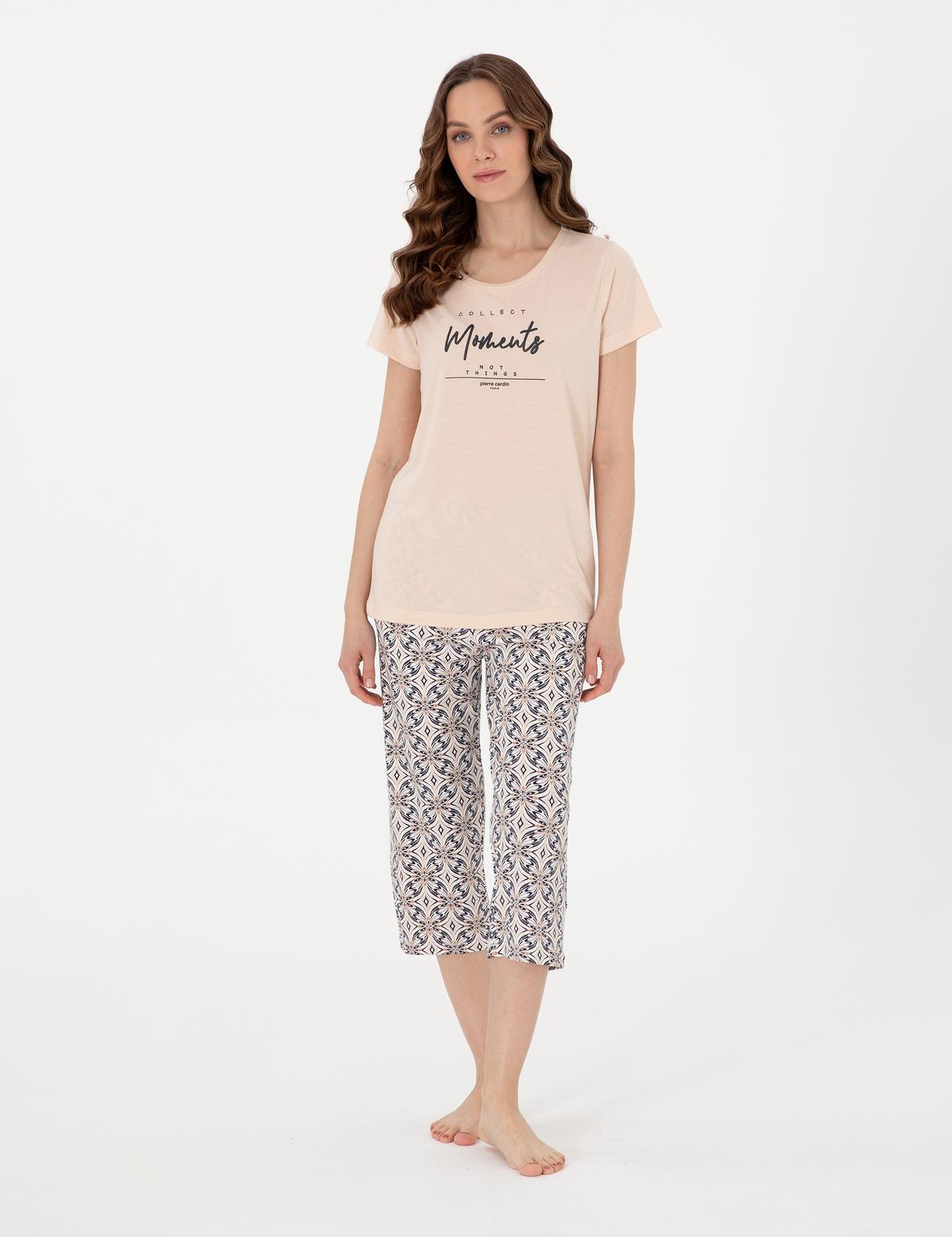 Bej Kısakollu Kapri Pijama Takımı