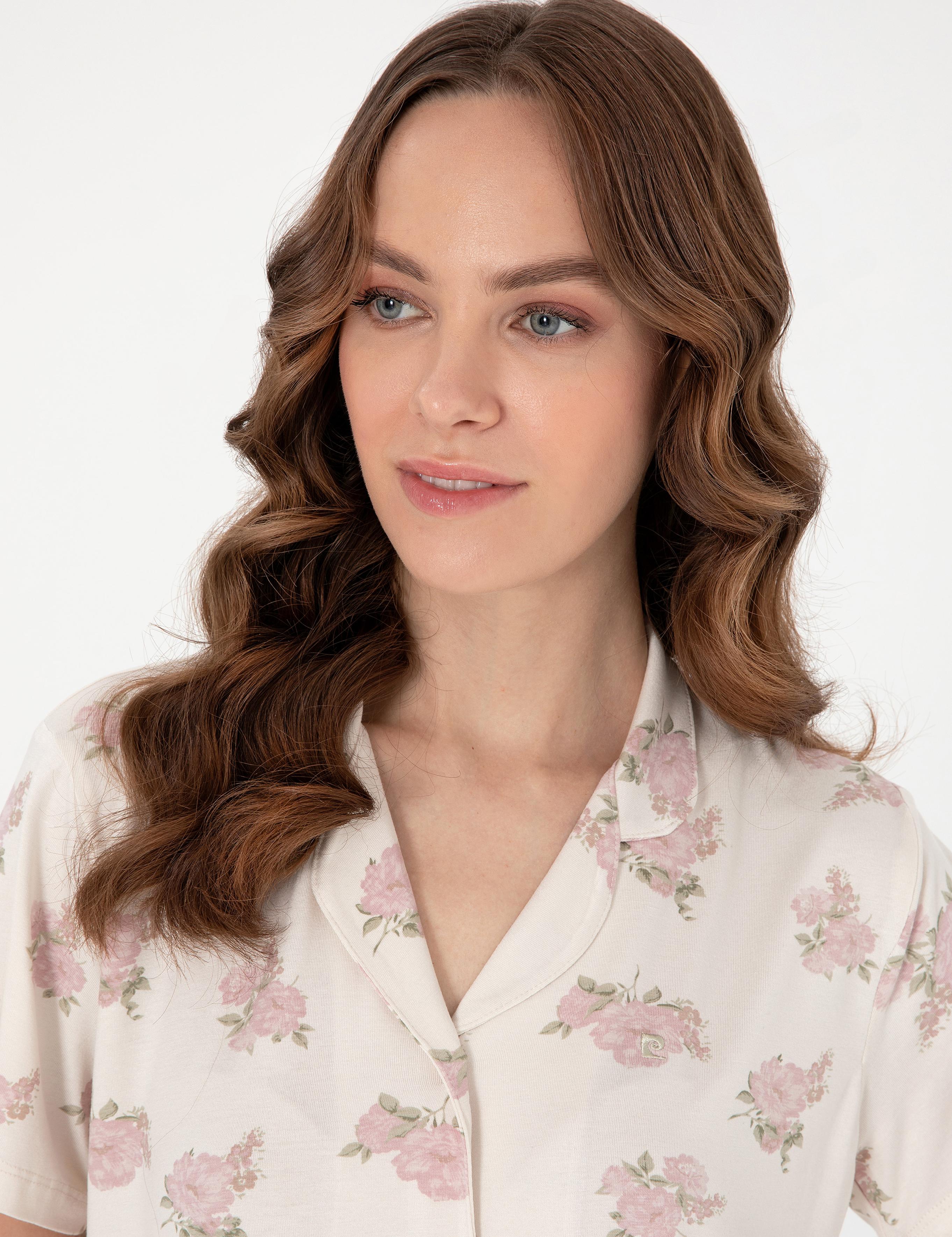 Krem Kısakollu Gömlek Pijama Takımı