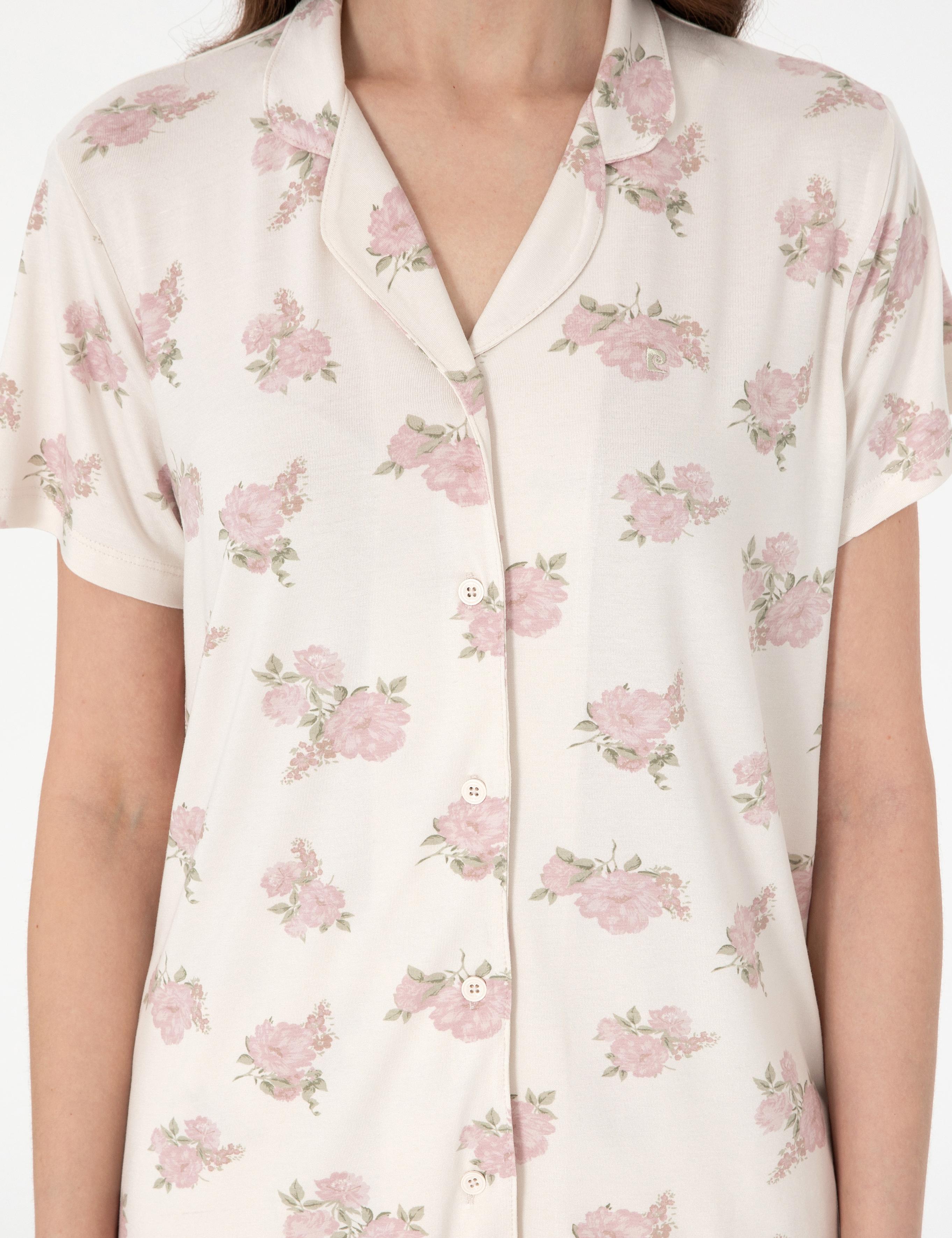 Krem Kısakollu Gömlek Pijama Takımı