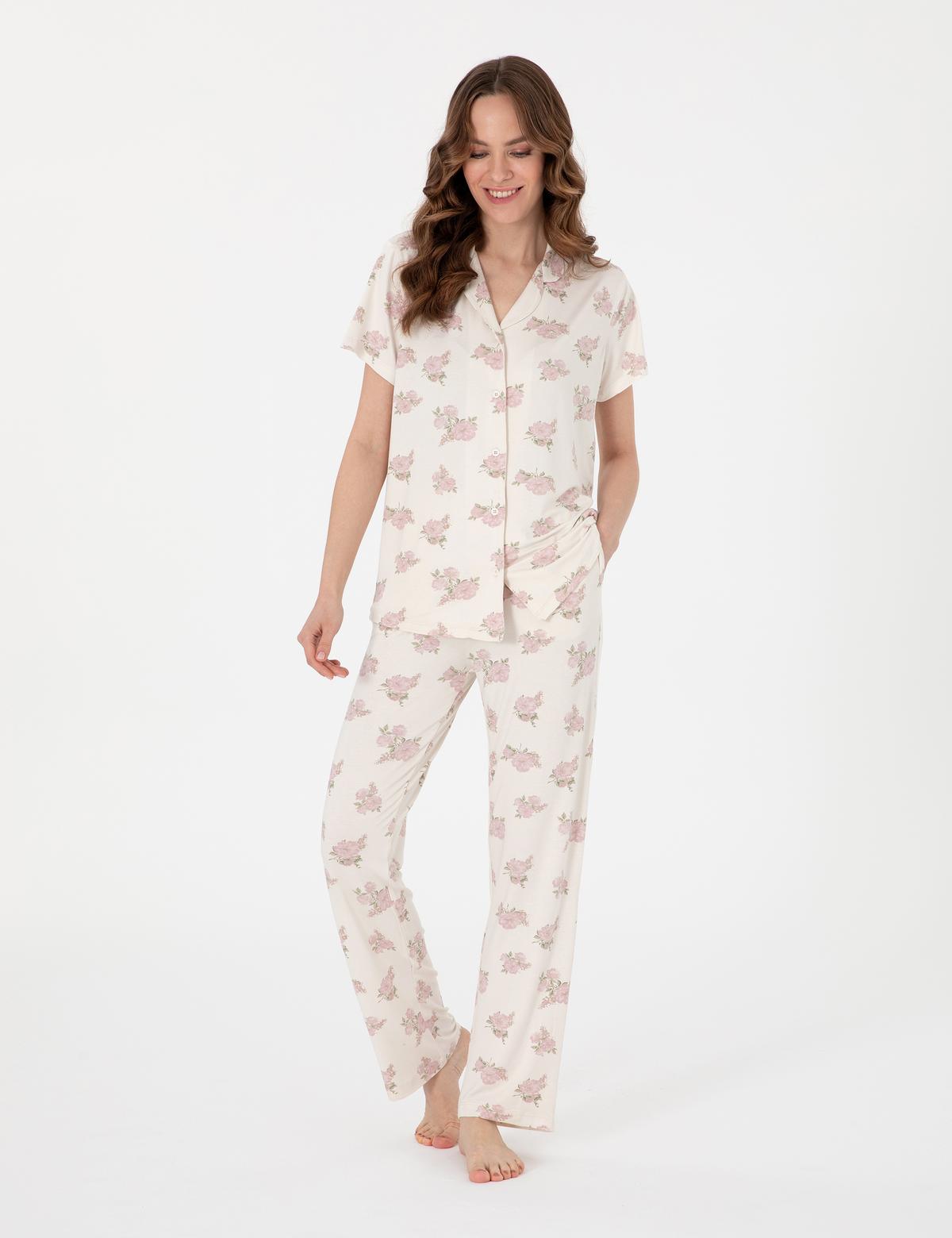 Krem Kısakollu Gömlek Pijama Takımı