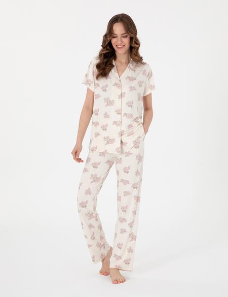 Krem Kısakollu Gömlek Pijama Takımı