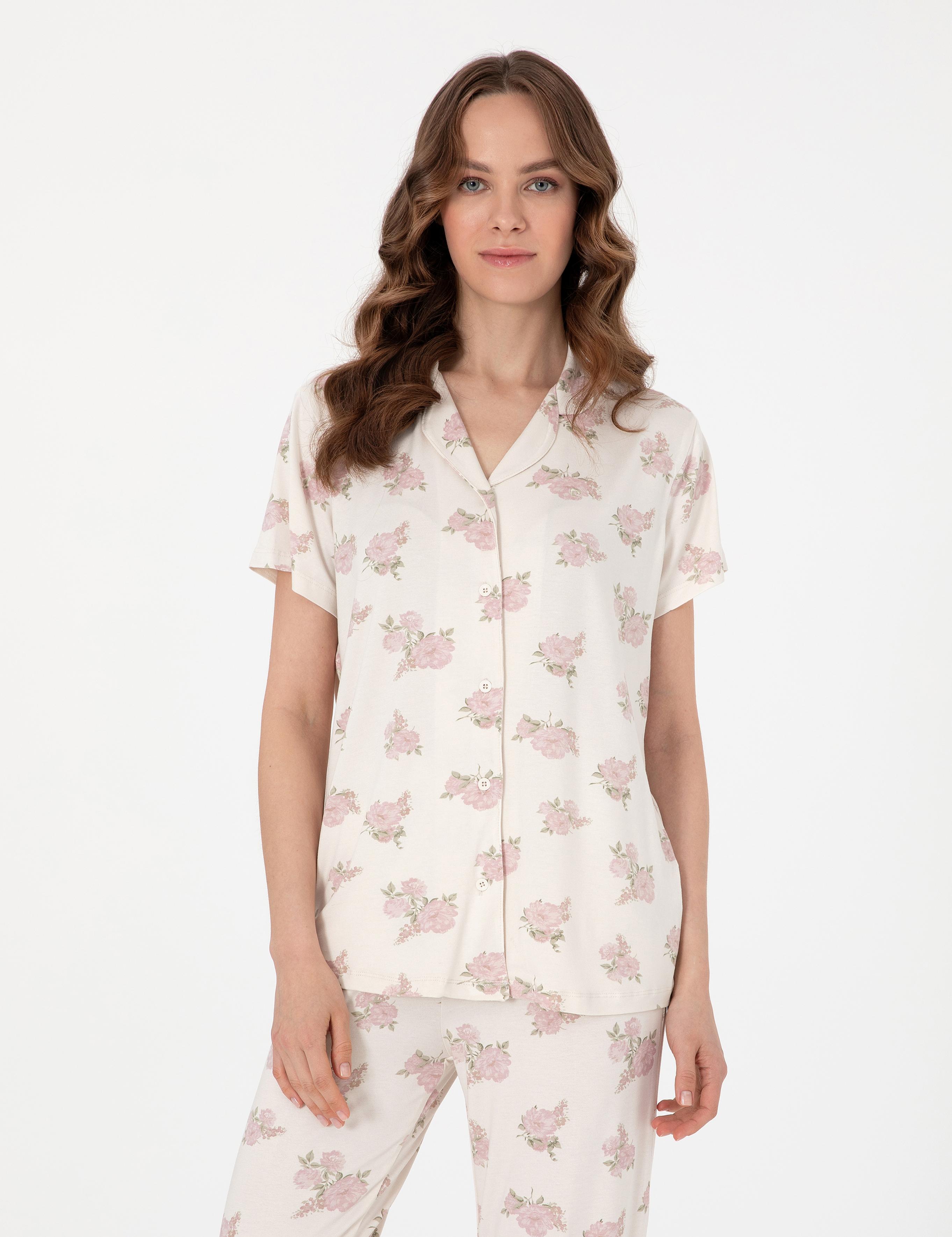 Krem Kısakollu Gömlek Pijama Takımı