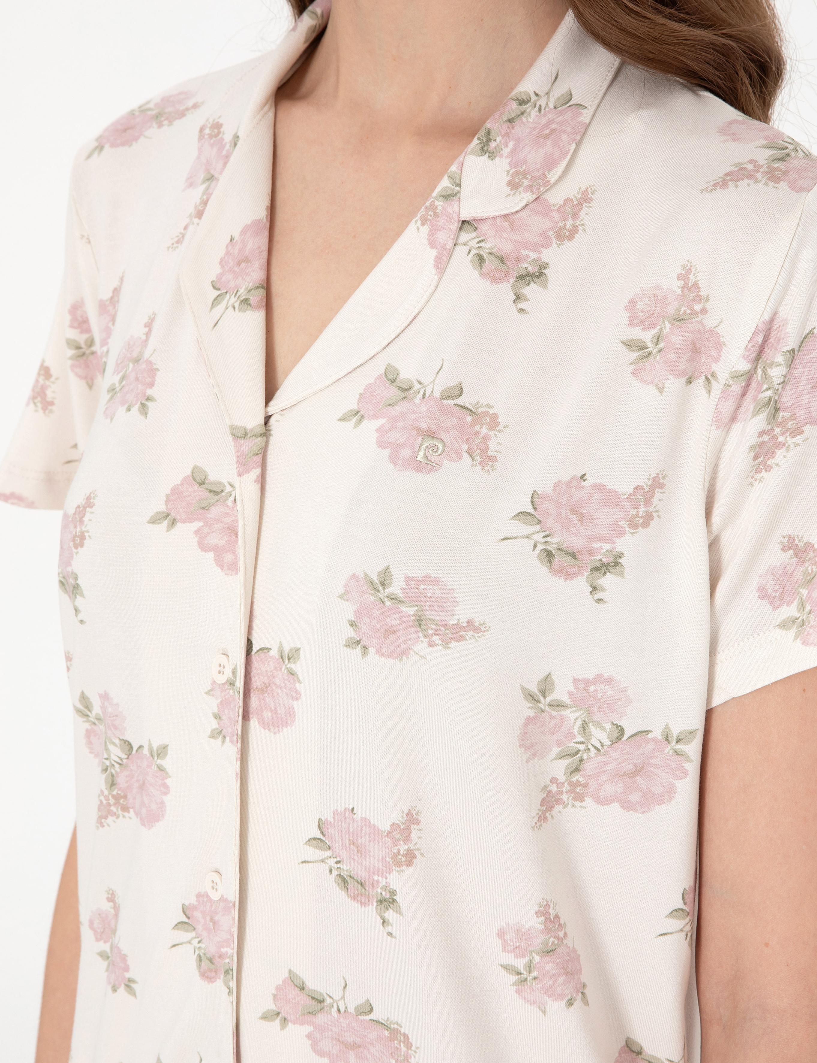 Krem Kısakollu Gömlek Pijama Takımı