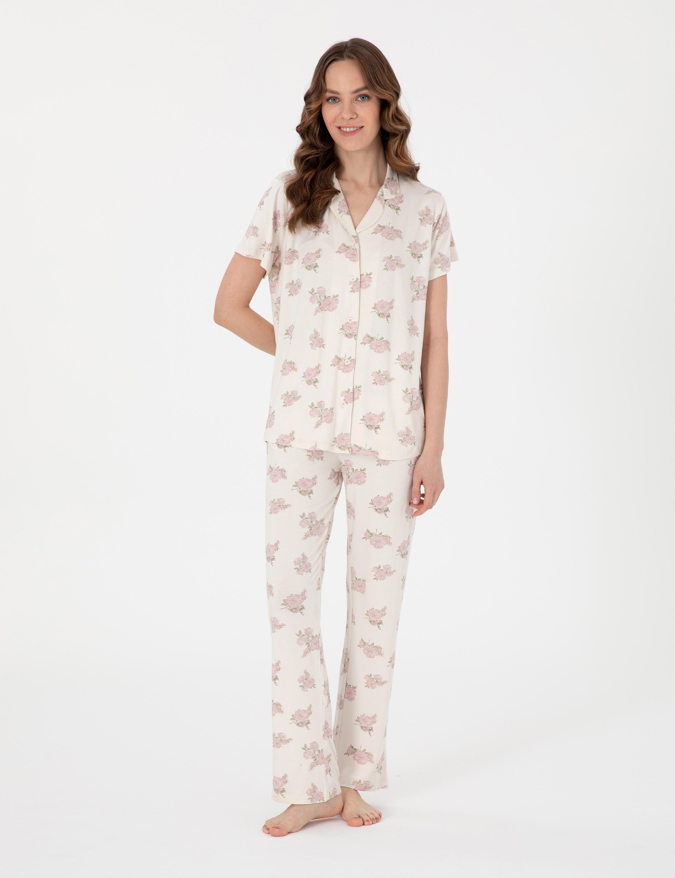 Krem Kısakollu Gömlek Pijama Takımı